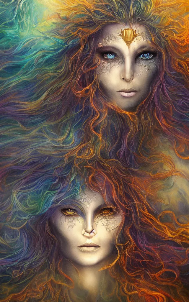 Image similar to iridescent spirit of wrath and beauty cruel beautiful spirit with golden eyes lunar mythos ambient fog, award winning oil painting, lunar color palette