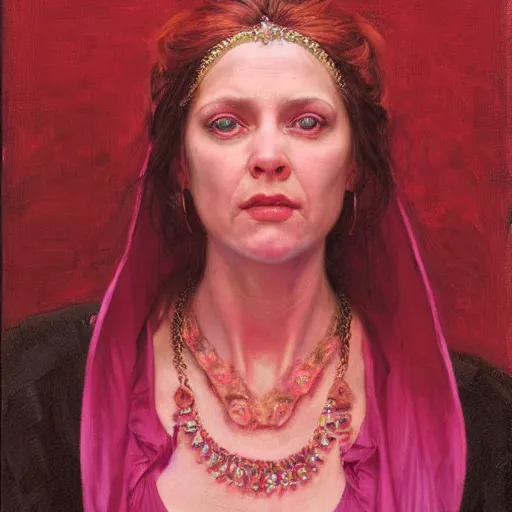 Image similar to frontal portrait of a priestess, wearing pink, by donato giancola.