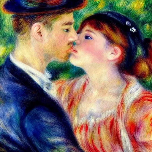 Image similar to art by renoir, real lgbt love, people wearing clothes