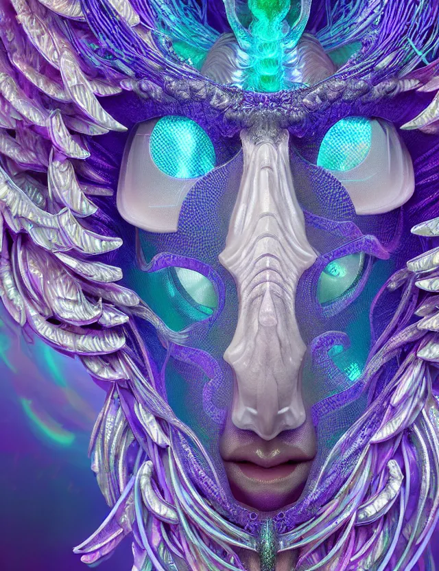 Prompt: classical dicroic goddess phoenix macro close - up portrait with mask made of ram skull. betta fish, jellyfish phoenix, bioluminiscent, plasma, ice, water, wind, creature, super intricate ornaments artwork by tooth wu and wlop and beeple and greg rutkowski