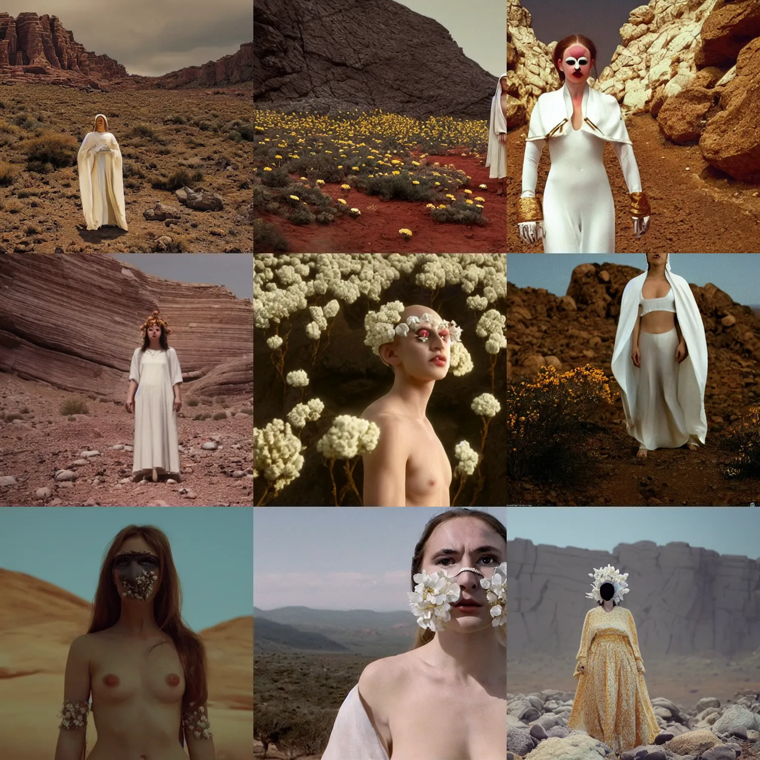 Prompt: The full body shot of beautiful pale woman with white flowers and full-face golden mask in a rocky desert landscape, multiple eyes by Denis Villeneuve, Lubezki, Gaspar Noe and Christopher Doyle, anamorphic lens, anamorphic lens flares, kodakchrome, cinematic composition, practical effects, award winning photo, 8k