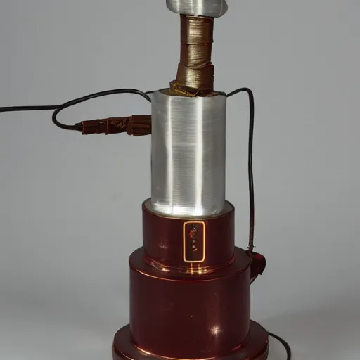 Image similar to a tesla coil device, electricity plasma arching, antique