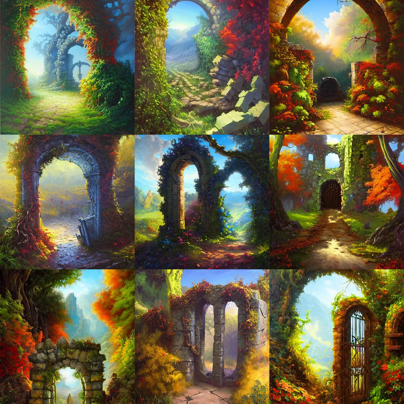 Prompt: colorful peter mohrbacher and Mark Keathley impasto!! acrylic painting of the slate stone gateway of a forgotten civilization. vines and creepers, stone etchings