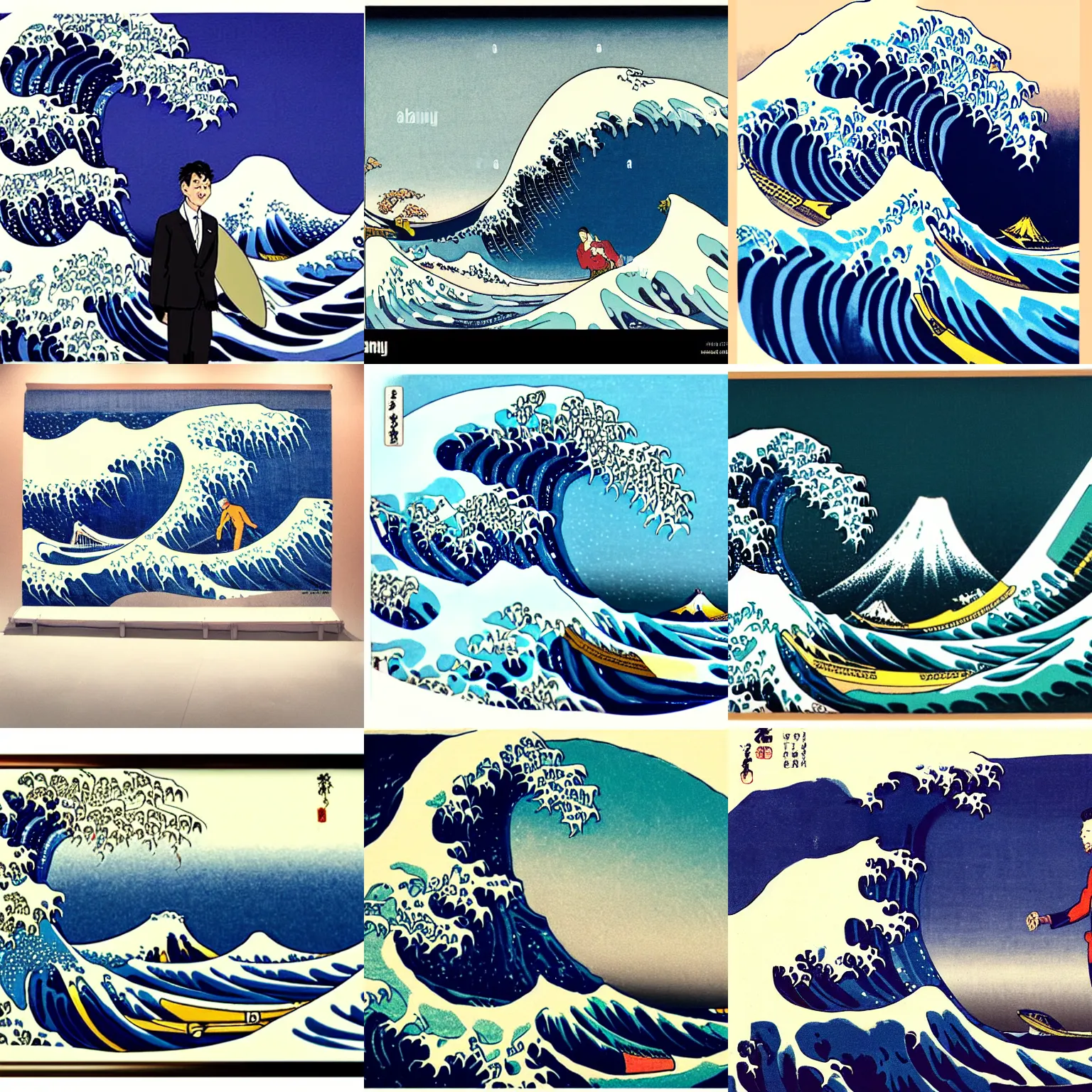 Prompt: a customer success manager!!!!!!!! in business suit!!!!!! surfing the great wave by hokusai, the manager is wearing a business suit and standing on a surfboard, detailed, professional, imax, japanese artwork