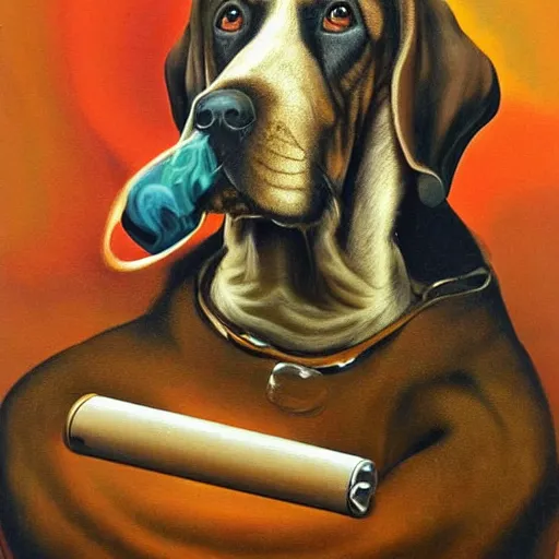 Prompt: a bloodhound smoking a fat blunt oil painting by surreal art 1 9 4 0