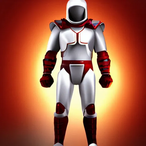 Image similar to tall muscular infantry man in glossy sleek white armor with tiny red details and a long red cape, heroic posture, on the surface of mars, night time, dramatic lighting, cinematic, sci-fi, hyperrealistic, movie still