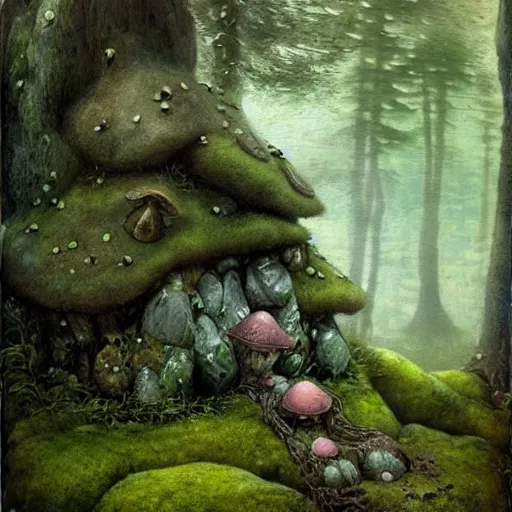 Image similar to moss - clad troll stone, mushrooms, mysterious forest, epic, fantasy, intricate, hyper detailed, artstation, concept art, smooth, painting by john bauer