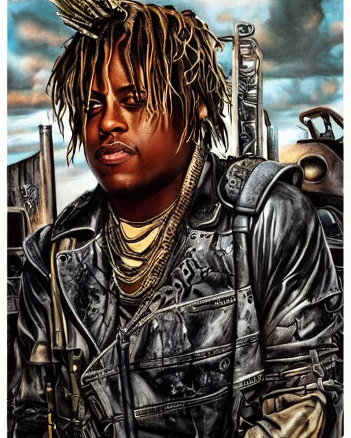 Prompt: juice wrld in dystopian raider mad max post apocalpytic, airbrush, drew struzan illustration art, key art, movie poster