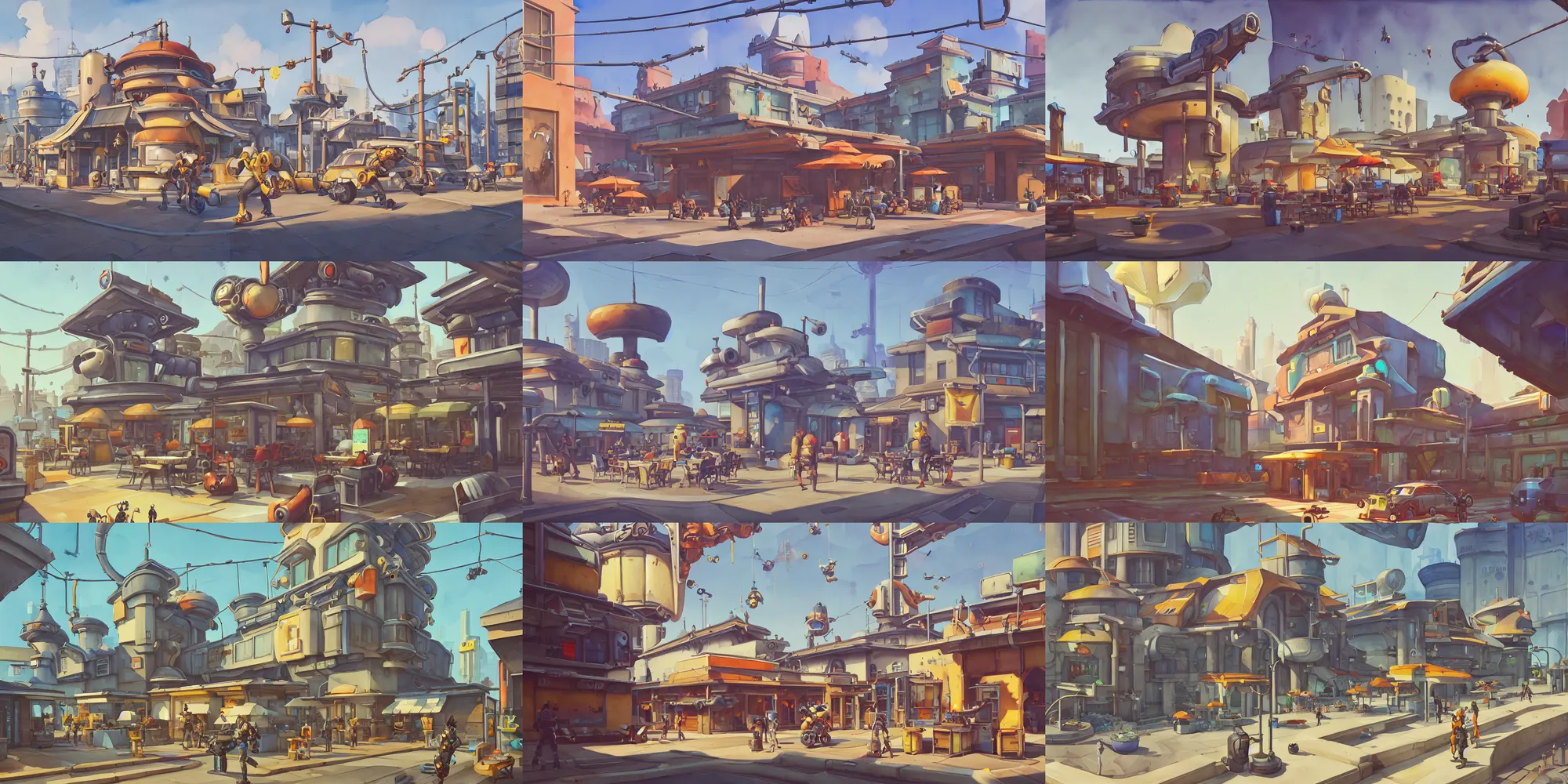 Prompt: overwatch building, stylized, exterior, architecture, in watercolor gouache detailed paintings, insanely detail, artstation, 8 k, futuristic, big medium small, arcane, simon stalenhag, food stall, interesting shapes & form, golden ratio, hard surface, props, lots of decoration and furniture