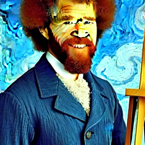 Image similar to ! bob ross! at his easel, painting a van gogh picture
