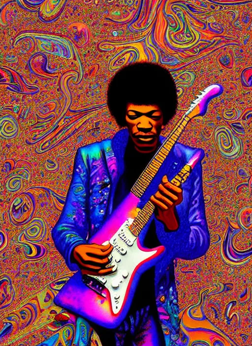 Prompt: hyper detailed 3d render like a Oil painting - Jimi Hendrix aerochrome and milky Fruit holding a white stratocaster guitar in his left hand, iridescent paisley patterns by Jacek Yerka, Ilya Kuvshinov, Mariusz Lewandowski, Houdini algorithmic generative render, Abstract brush strokes, Masterpiece, Edward Hopper and James Gilleard, Zdzislaw Beksinski, Mark Ryden, Wolfgang Lettl, hints of Yayoi Kasuma, octane render, 8k