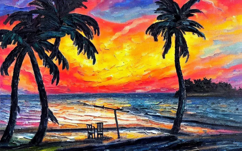 Image similar to a very very small island! with a paved patio, cute cozy large cottage!! with chairs and string lights!!!, palm trees, dark very late evening cloudy sunset, dramatic and dynamic lighting, thick brush strokes oil impasto painting