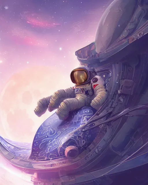 Prompt: selfie of ethereal intricate cosmonaut lie relaxed on a crescent moon between the stars and the planets in outer space, cosmonaut post grunge concept art,high detail,4k, trending on artstation by Yoshitaka Amano, josan gonzalez and tyler edlin