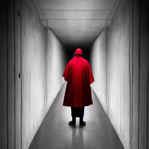 Prompt: portrait of a nun in red clothes, staying in concrete corridor, dark, moody, scary, paranoid, by Hugh Kretschmer