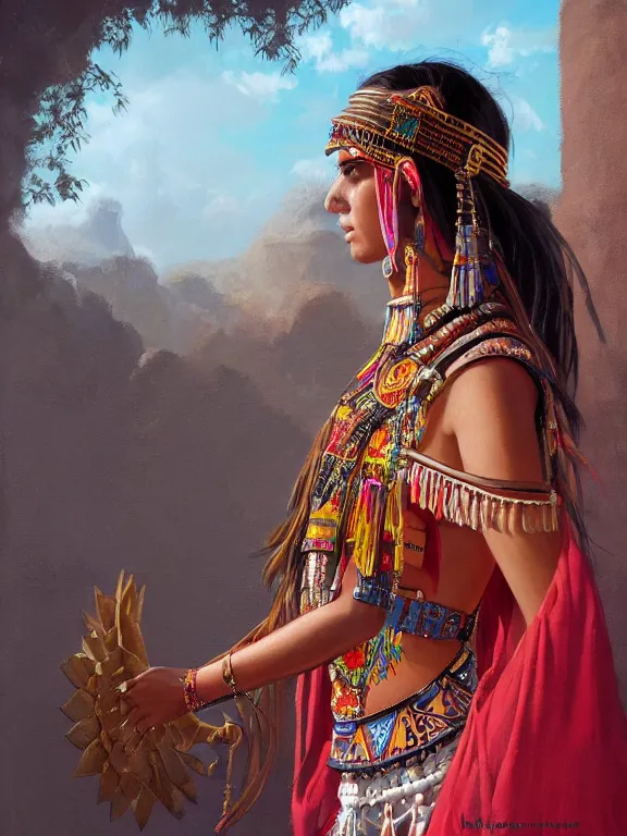 Prompt: an ultradetailed beautiful portrait painting of a girl as an aztec priestess, side view, oil painting, high resolution, by ilya kuvshinov, greg rutkowski and makoto shinkai