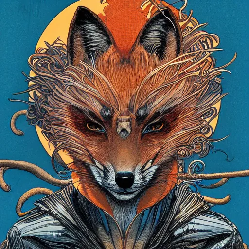 Image similar to portrait of crazy mister fox, symmetrical, by yoichi hatakenaka, masamune shirow, josan gonzales and dan mumford, ayami kojima, takato yamamoto, barclay shaw, karol bak, yukito kishiro