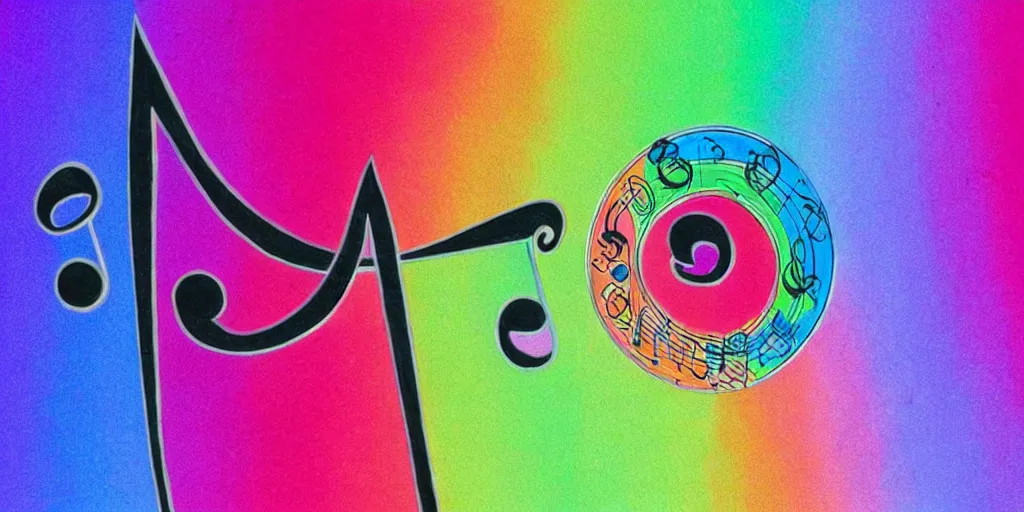 Prompt: a treble clef staff of complex musical notes and orchestral notation flowing from a prism pastel rainbow, comic book panel background, muted colors, dreamy muted pastel colors, in the style of Pink Floyd Dark Side of the Moon