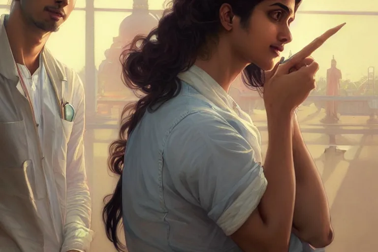 Image similar to Anxious pretty pale young Indian doctors wearing jeans and shirts at the airport, portrait, elegant, intricate, digital painting, artstation, concept art, smooth, sharp focus, illustration, art by artgerm and greg rutkowski and alphonse mucha