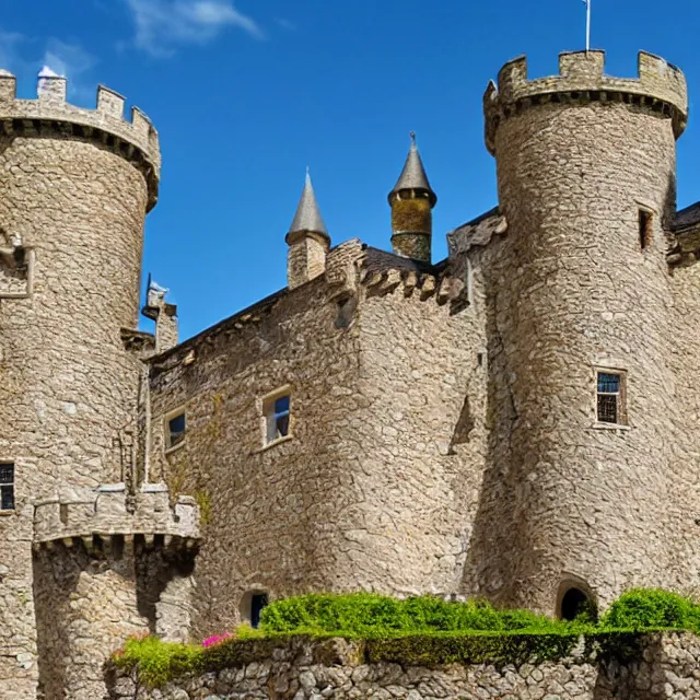 Image similar to hyper realistic photo, looking close up at a well maintained castle from the front gate courtyard on a sunny day