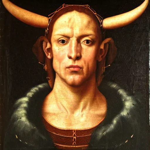 Prompt: a renaissance style portrait painting of minotaur