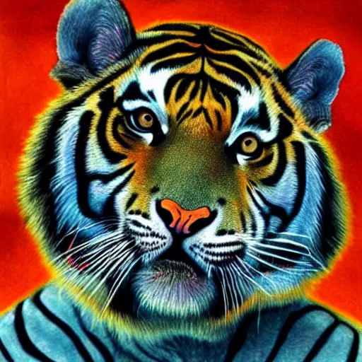 Image similar to half tiger, half robot, portrait, in style of salvador dali