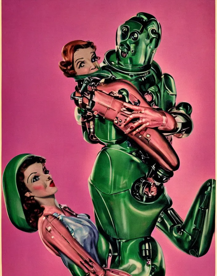 Image similar to a female housewife!!!! being hugged by a manly metal - suited!!! robot!!!!, 1 9 5 0 s horror film movie poster style, ( norman rockwell oil painting ), close - up, tight shot, retro science fiction, vintage, saturated pink and green lighting, shadowy lighting, cohesive!!, photogenic!!