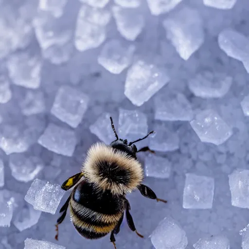 Image similar to a bee finding a flower made of ice in antarctica, only snow i the background, beautiful macro photography, ambient light
