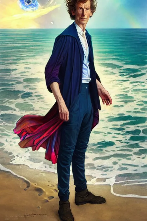 Image similar to doctor who, william hartnel on a beach, wearing a blue shirt with horizontal rainbow stripe, the ocean in the background, swirling colourful stars in the background, art by artgerm and greg rutkowski and alphonse mucha