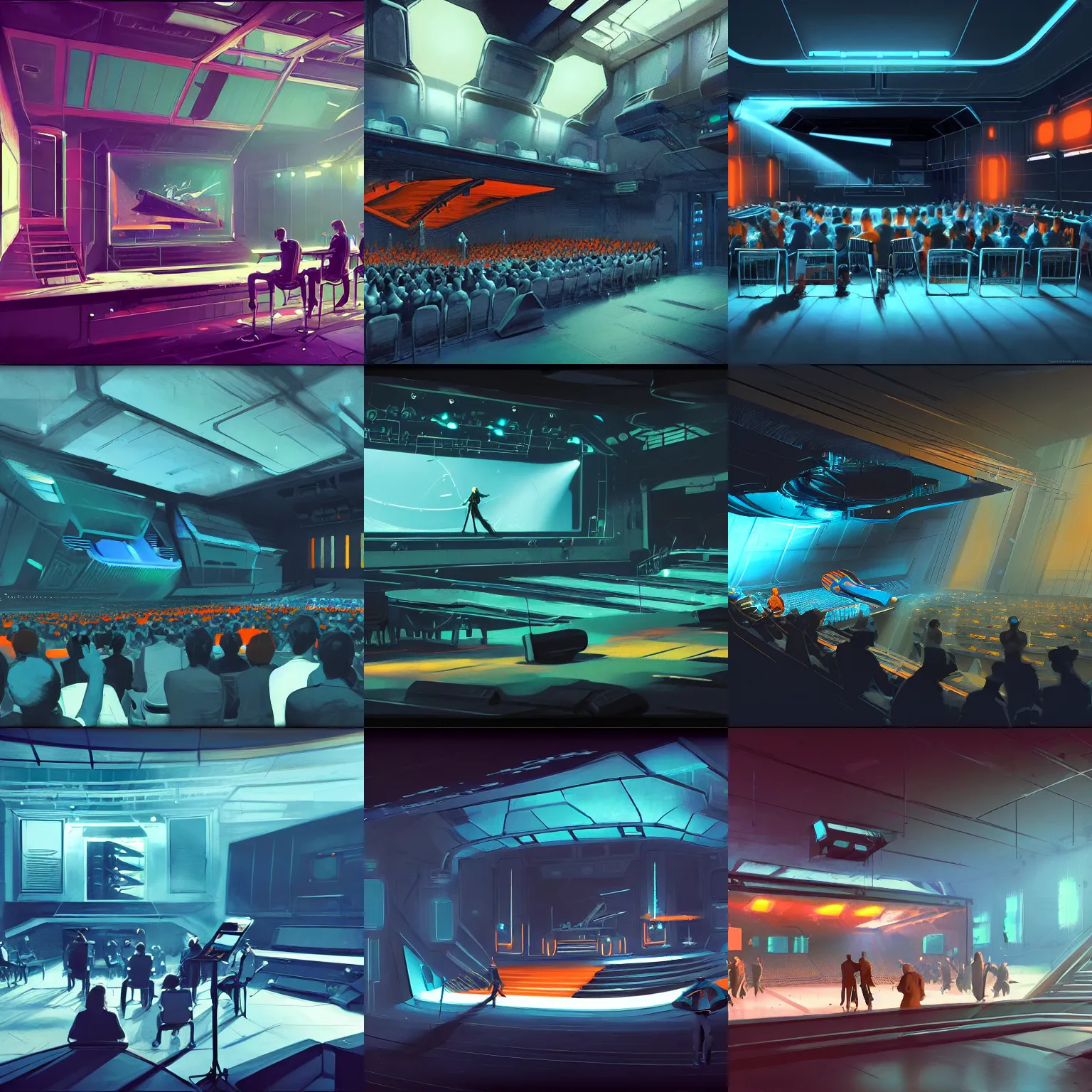 Prompt: digital render concept art of a very small! dark futuristic musical venue with a large screen in front of twenty people by syd mead and craig mullins, grey, blue, teal, orange, realistic, octane render, high detail, environment, sharp focus, artstation