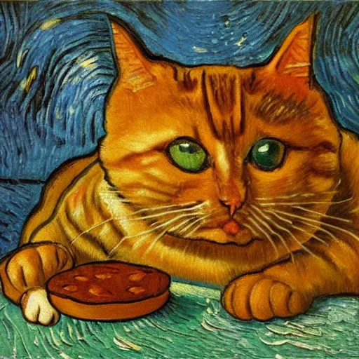 Image similar to an oil painting of a cat baking cookies in the style of van gogh, matisse, caravaggio and raphael