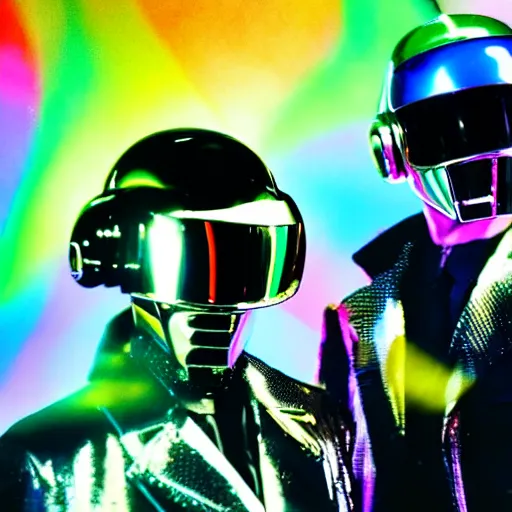 Image similar to daft punk djing at a huge rave with lots of people, chromatic aberration, 8 0 s film, bokeh depth of field