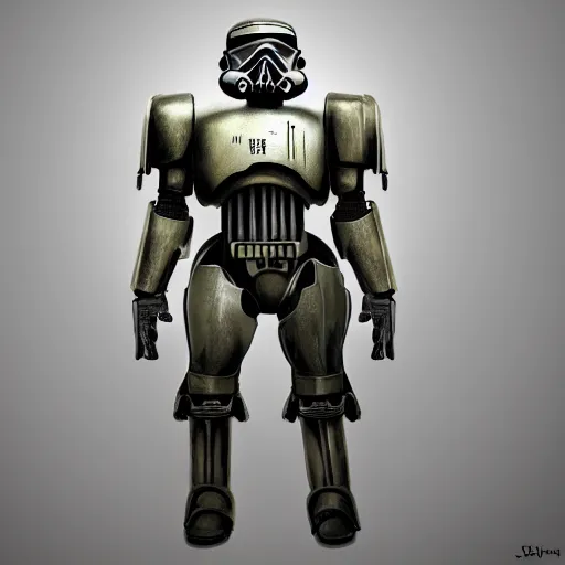 Prompt: huge power armor with servos from fallout in the style of star wars stormtrooper, realism, depth of field, focus on darth vader,