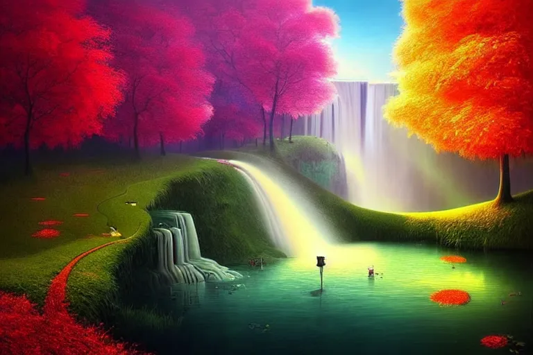 Image similar to surreal glimpse into other universe, waterfall, summer morning, very coherent and colorful high contrast, art by!!!! gediminas pranckevicius!!!! dark shadows, hard lighting