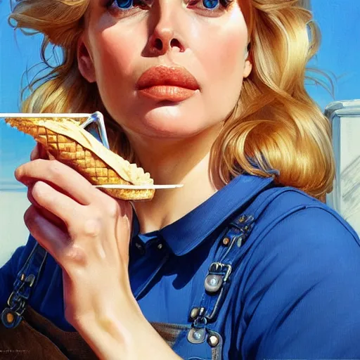 Image similar to portrait of a blonde fuller figured middle aged barbara bach from the bond film wearing blue dungarees and eating ice creams in porto, real life skin, intricate, elegant, highly detailed, artstation, concept art, smooth, sharp focus, art by artgerm and greg rutkowski and alphonse mucha