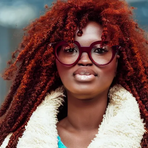 Prompt: closeup at a African beuty woman, with red hair and big round glasses, award winning photo, 4K