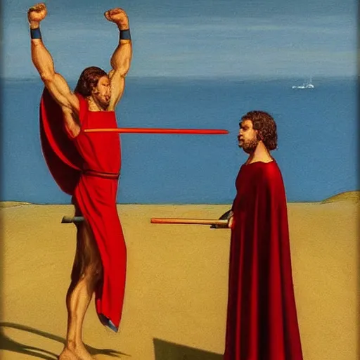 Image similar to “Spartans in battle uniform jumping on trampoline red robe and cape swinging spear swords shield Greece Hercules in the style of Edward Hooper details human figure proportions”