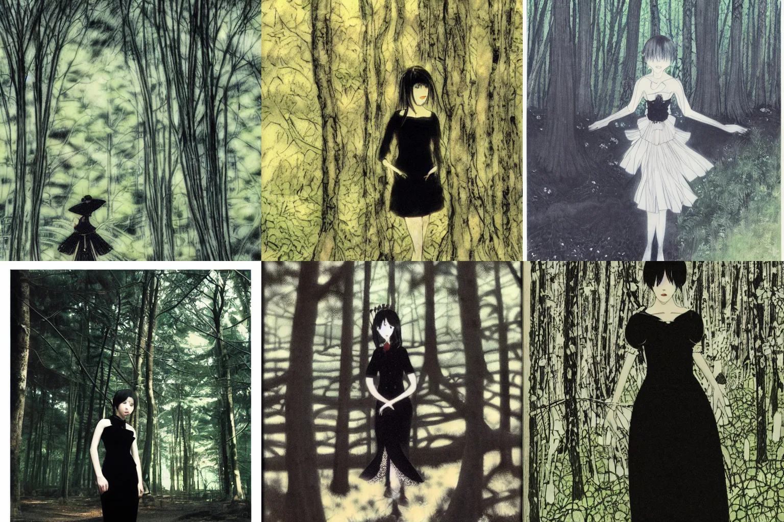 Prompt: woman wearing a black dress in a forest, by yoshitaka amano