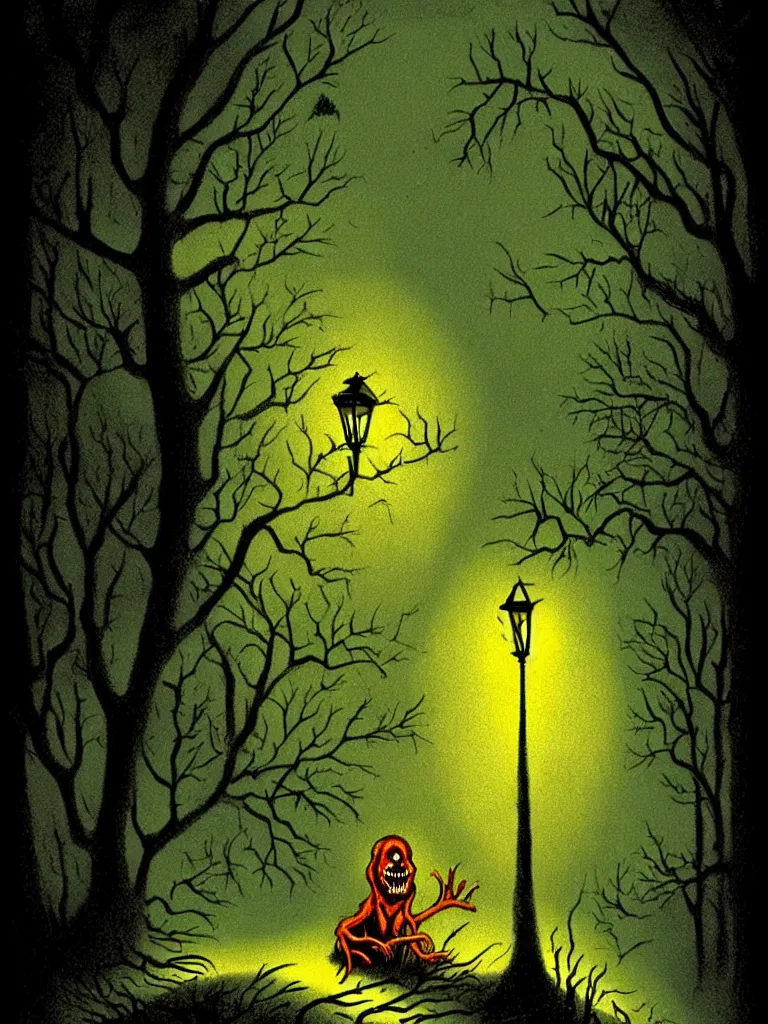 Prompt: Full Color Vintage Horror Illustration of a Creature Coming out of the bushes at night. Streetlight Glowing , Spooky lighting , Pinterest