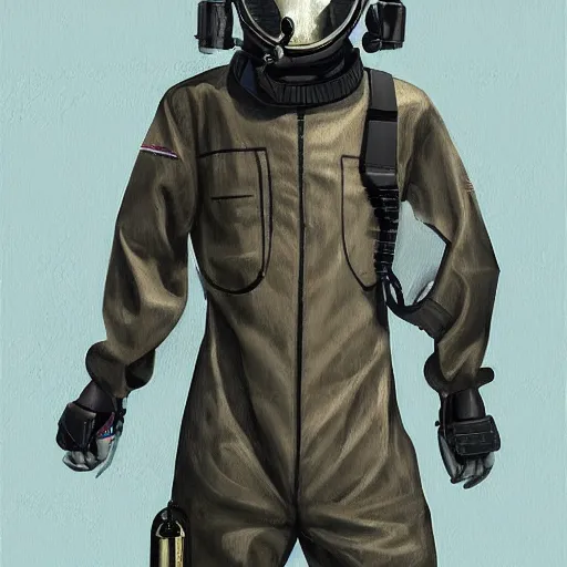 Image similar to teenager wearing a futuristic boiler suit and gas mask, stylised!!! painting, highly detailed, digital art, trending on art station, aesthetic