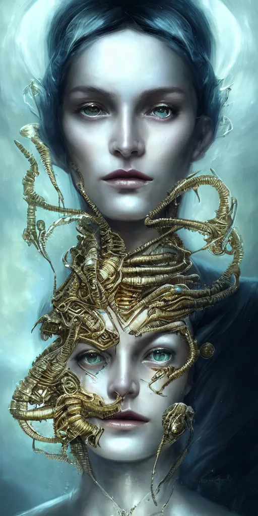 Prompt: realistic character concept, alien queen with lots of jewelry in the face, elegant pose, scifi, illustration, slender symmetrical face and body, artstation, cinematic lighting, hyperdetailed, cgsociety, 8 k, high resolution, charlie bowater, tom bagshaw, single face, insanely detailed and intricate, beautiful, elegant, golden ratio, dark fractal background, vfx, postprocessing