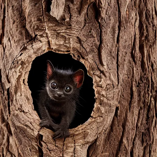 Image similar to a bat kitten, in a tree, Canon EOS R3, telephoto, very detailed, 4k