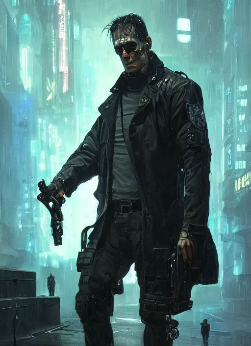 Image similar to frankenstein. cyberpunk cop in tactical gear. plastic raincoat. blade runner 2 0 4 9 concept painting. epic painting by james gurney, azamat khairov, and alphonso mucha. artstationhq. painting with vivid color. ( rb 6 s, cyberpunk 2 0 7 7 )