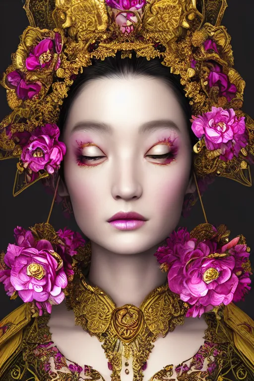 Image similar to a beautiful empress portrait, with a brilliant, impossible striking big flower headpiece, clothes entirely made out of flowers, symmetrical, dramatic studio lighting, rococo, baroque, jewels, asian, hyperrealism, closeup, D&D, fantasy, intricate, elegant, highly detailed, digital painting, artstation, octane render, 8k, concept art, matte, sharp focus, illustration, art by Artgerm and Greg Rutkowski and Alphonse Mucha