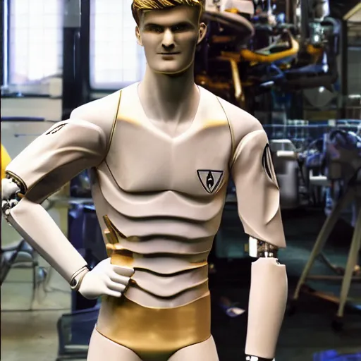 Image similar to a realistic detailed photo of a guy who is an attractive humanoid who is half robot and half humanoid, who is a male android, soccer players martin ødegaard & timo werner, shiny skin, posing like a statue, blank stare, in a factory, on display, showing off his muscles, gold soccer shorts, side view, repairing the other one