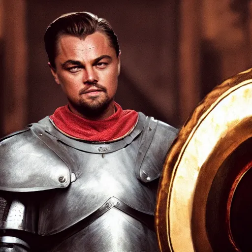 Image similar to portrait of leonardo dicaprio as a templar knight in full plate armor