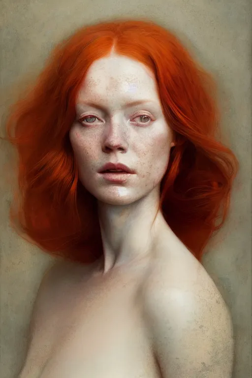 Image similar to of beautiful redhead female, beauty portrait by greg rutkowski, hilma af klint, moebius, victo ngai, sharp focus, global illumination, highly detailed, masterpiece, award winning, post processing