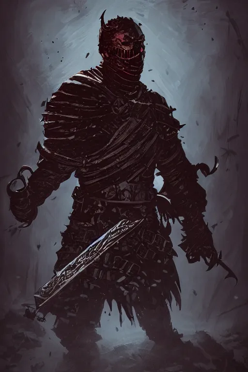 Image similar to A dark fantasy knight with a sword in the style of darkest dungeon, highly detailed, sharp focus, smooth, concept art, digital art, octane render, 4k