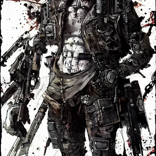 Prompt: a watercolor ink painting of a post - apocalyptic cyberpunk grimdark demon in the style of leonard boyarsky in the style of yoji shinkawa detailed realistic hd 8 k high resolution