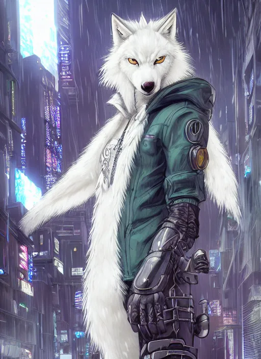 Prompt: character portrait of a male anthro albino wolf fursona with a tail and a cute beautiful attractive detailed furry face wearing stylish cyberpunk clothes in a cyberpunk city at night while it rains. hidari, color page, tankoban, 4K, tone mapping, Akihiko Yoshida. Nomax, Kenket, Rukis. comic book style, photorealistic, professional lighting, hyperdetailed, high resolution, high quality, dramatic, deviantart, artstation, 4k, real photo