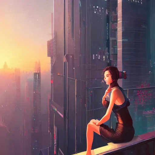 Image similar to a ultra detailed beautiful painting of a young woman on top of a building looking at a cyberpunk city, a view from behind, oil panting, high resolution 4 k, by ilya kuvshinov, greg rutkowski and makoto shinkai